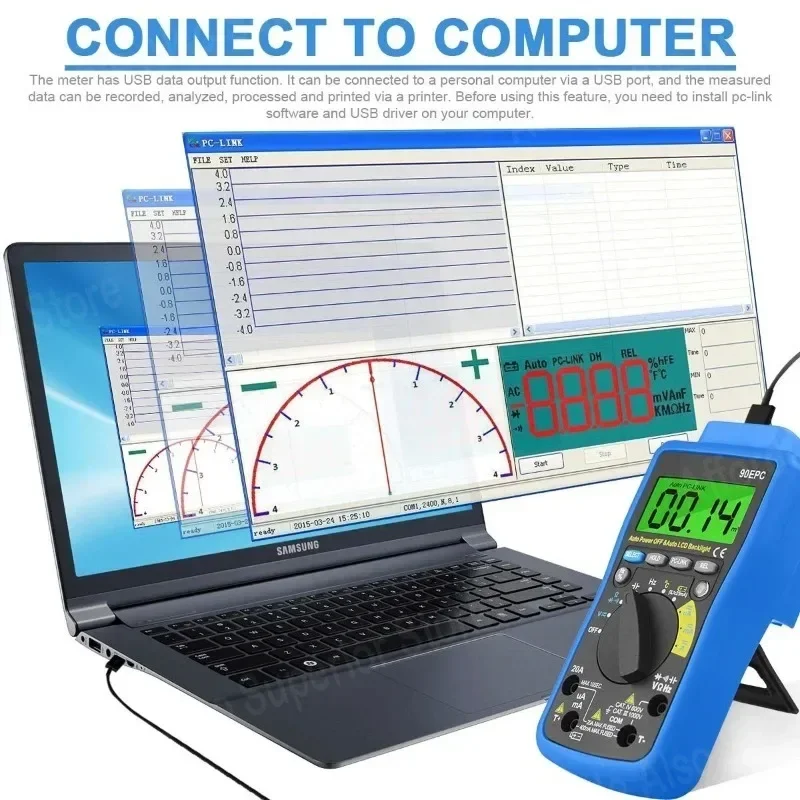 HP h-90EPC TRMS 4000 Counts Auto Ranging Multimeter for PC Multi Tester with USB Port Measure Current AC/DC