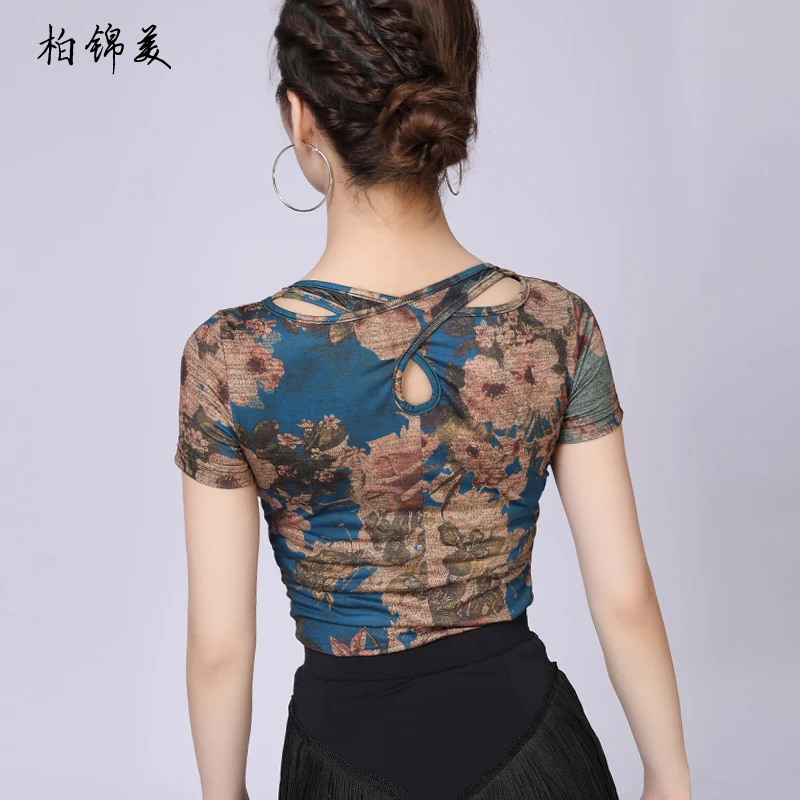 Latin dance top female adult clothing new short-sleeved sexy backless competition training dress performance modern dance