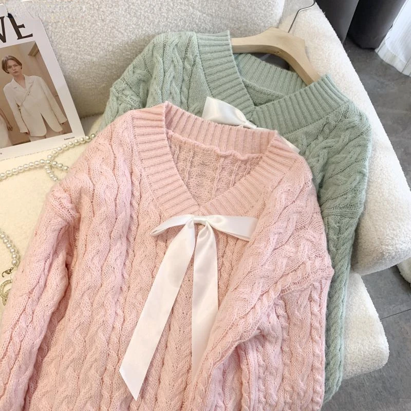 Autumn Winter Jumper Women Loose V-neck Bow Long Sleeve Sweater Pullover Womens Clothes Sweet Warm Pink Knitted Female Top 2024