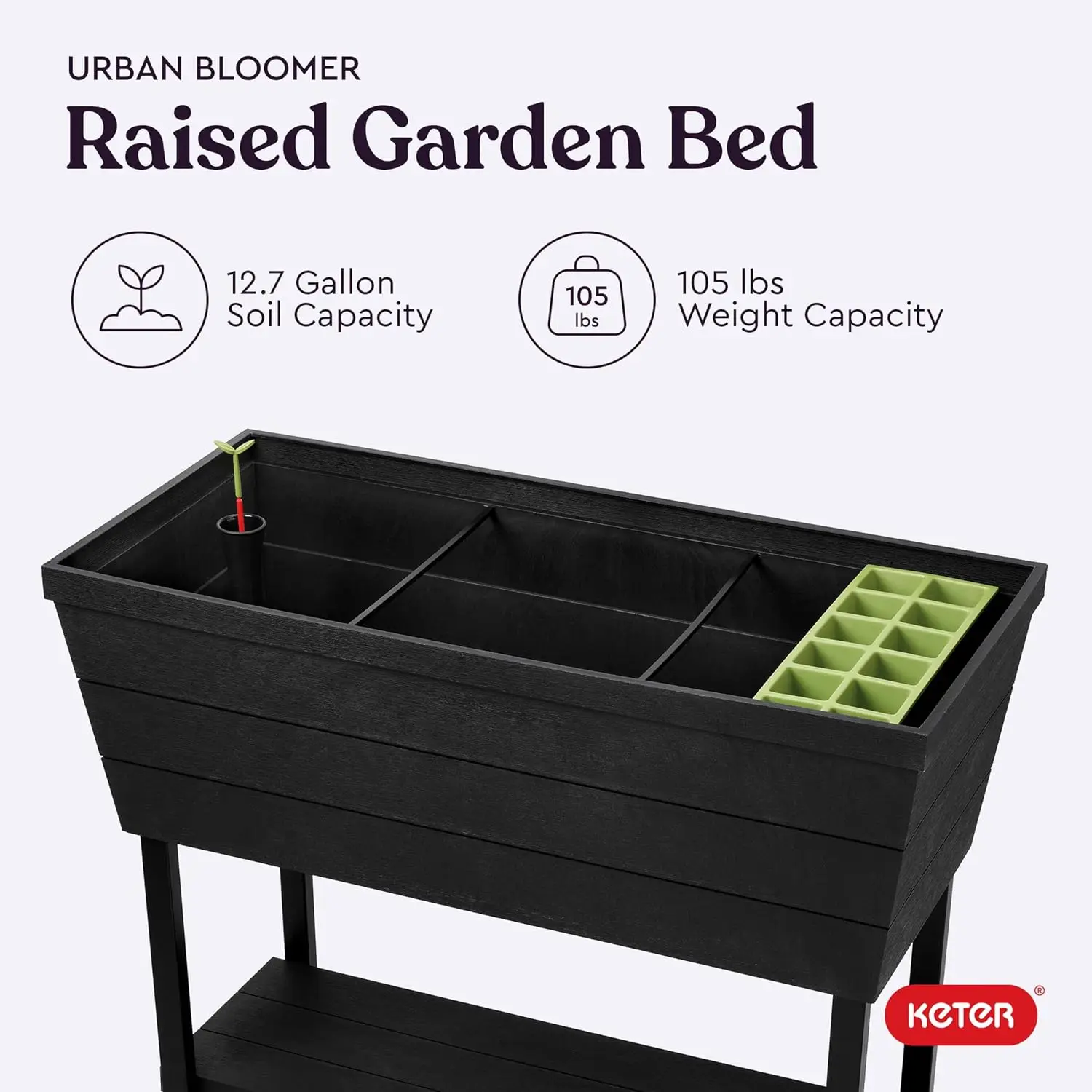 Keter Urban Bloomer 12.7 Gallon Raised Garden Bed and Outdoor Herb Garden Planter with Self Watering Gauge and Drainage Plug, Dark Grey