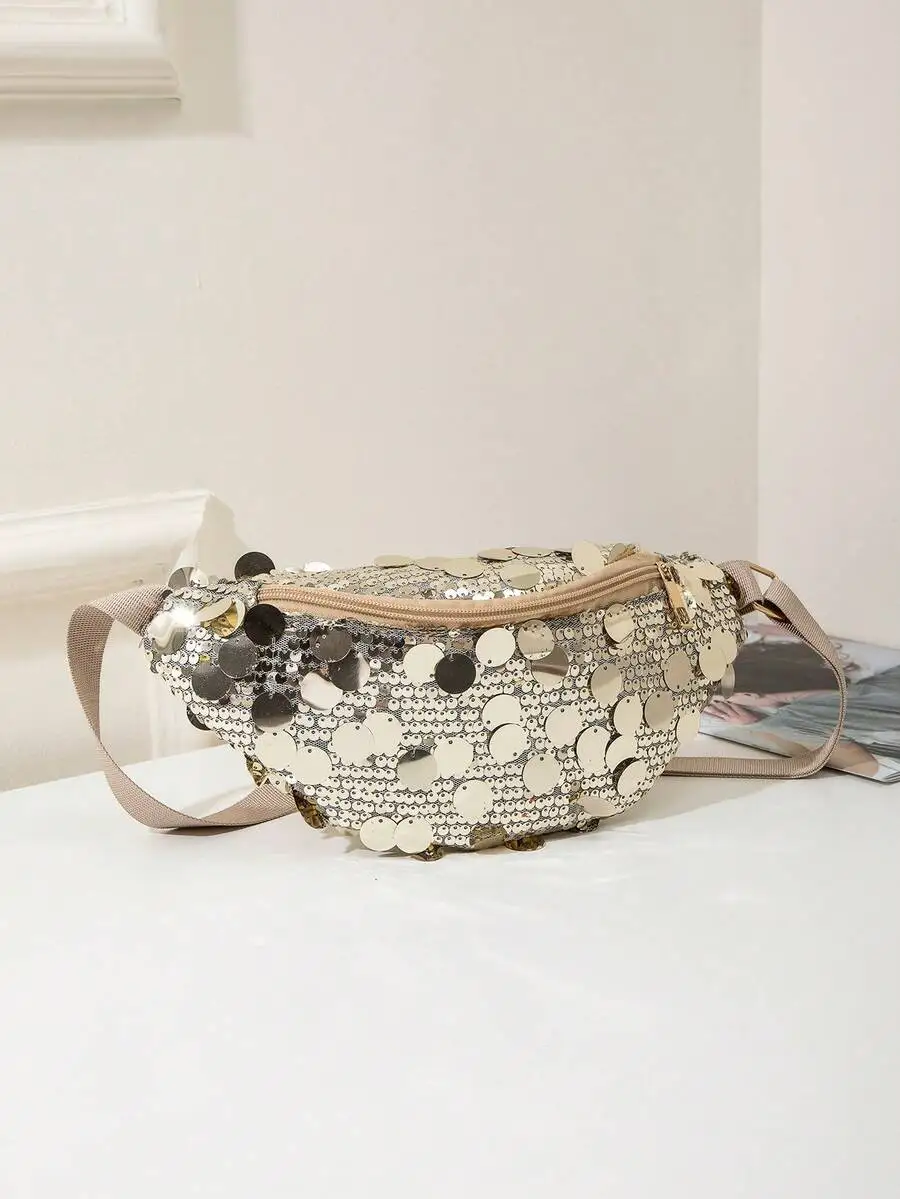 

1pc Quilted Zipper Closure PVC Sequins Waist Bag/Chest Bag, Fashionable For Women Going Out, Vacation, Travel, Party, Banquet