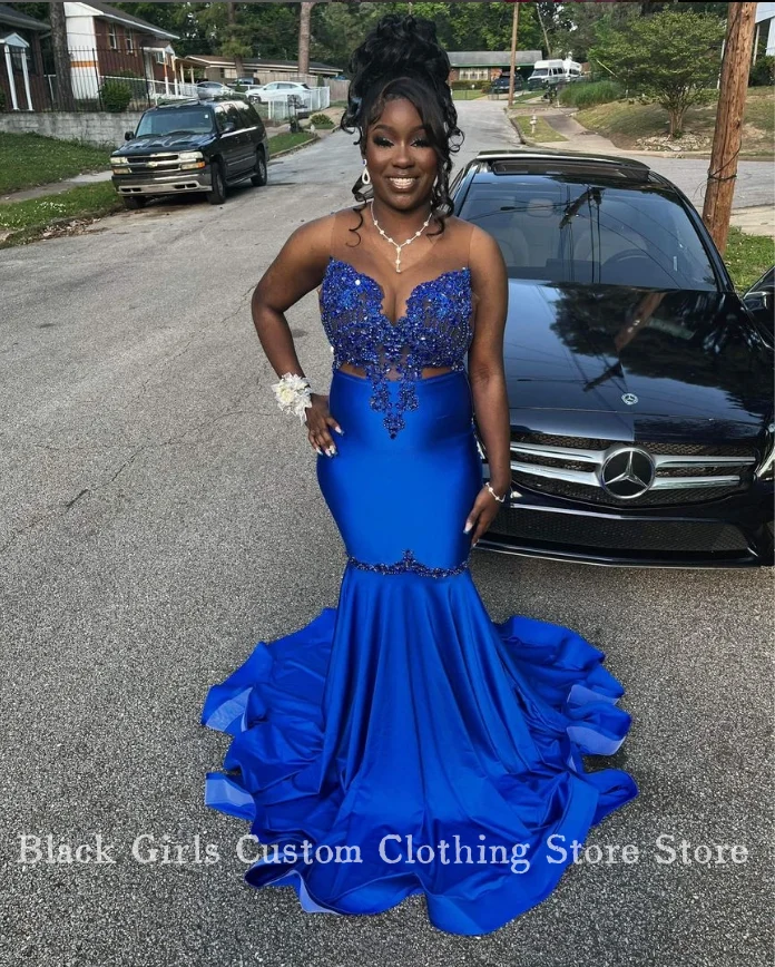 Luxury Treasure Blue Diamante Mermaid Prom Dress 2024 Sparkling Sweetheart Neck Beaded Appliquéd Satin Gown Customized Dresses