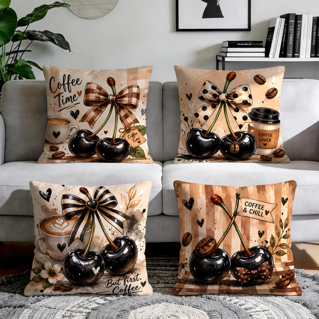 1pcs/4pcs Cherry Coffee Retro Plaid Cushions Pillowcase Polyester Cushion Cover Throw Pillow Pillowcover Home Car Sofa Decor