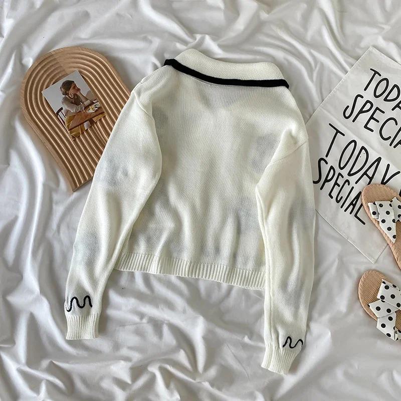 White Sweater Crop Top Peter Pan Neck Embroidery Daisy Button Knit Sweatercoat Fall Korean Clothes Cute Flower Jumper y2k Outfit