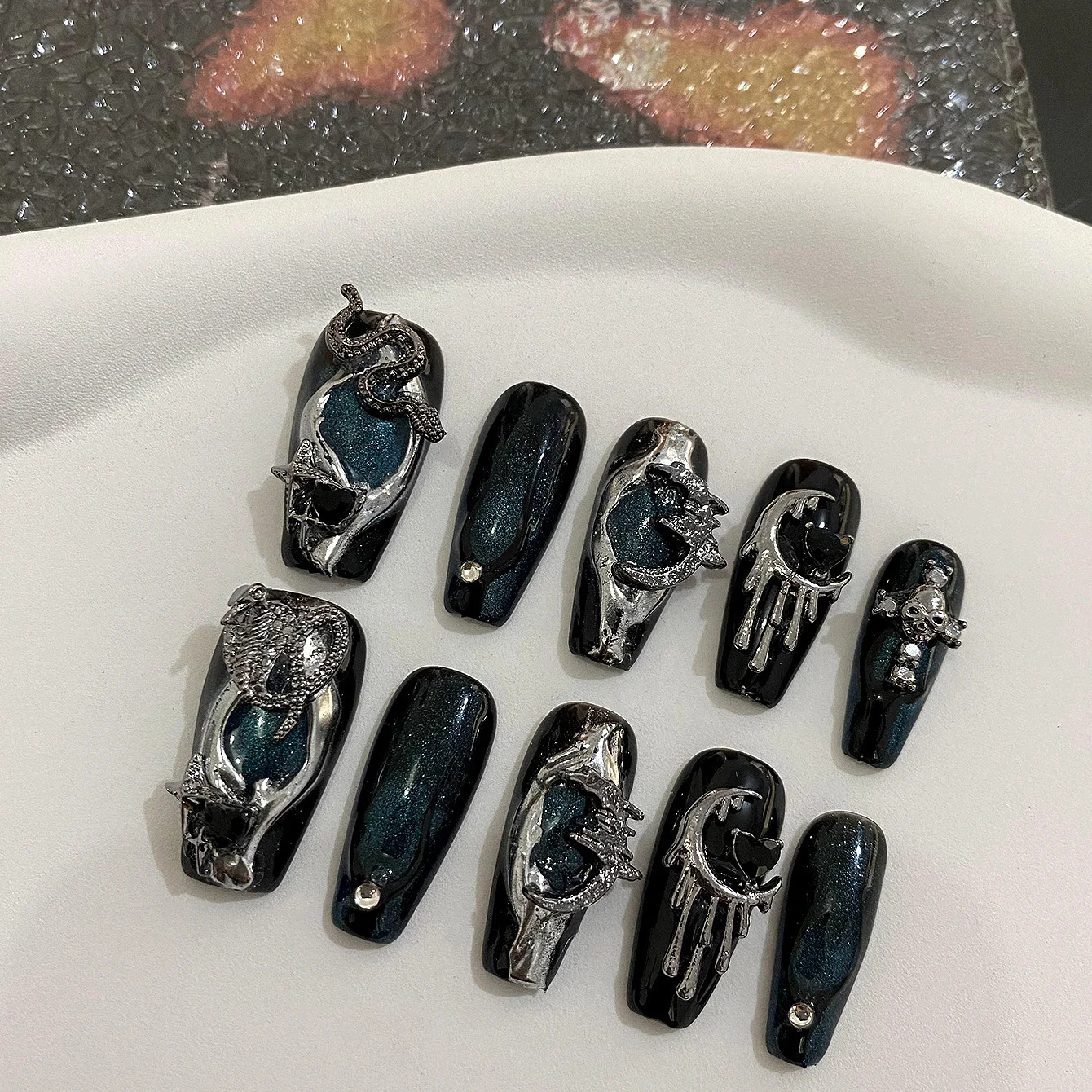 10pcs Y2K Fake Nails Cyberpunk Blue Cat's Eye False Nails Full Diamond Heavy Industry Ballet Nails Sweet Cool Girl Handmade Nail