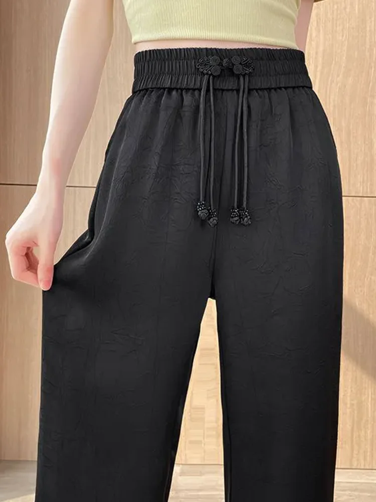 Women Casual Loose Straight Pants Spring Fall Elastic High Waist Wide Leg Pantalones Classic Black Chic Design Spodnie Damskie