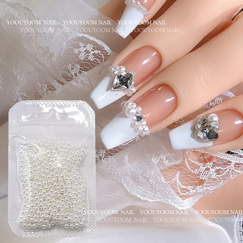 200/500pcs/bag White Pearls Nail Beads Rhinestone Round Mixed Size Beige Pearls for DIY Manicure Decoration Bead Nail Decoration