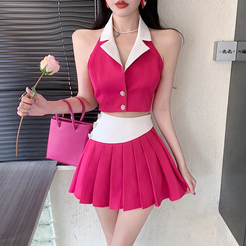 New Fashion Suit Summer Halter Neck Crop Top + High Waist Irregular Patchwork Pleated Skirt Two piece Set Korean Women's Clothes