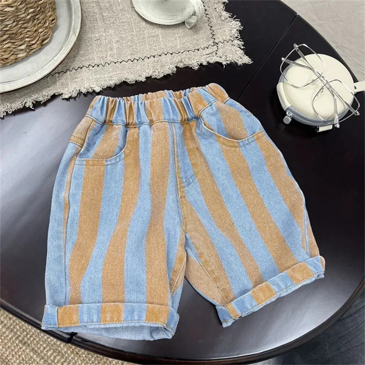 Boys Shorts Striped Jeans Summer 2024 New Preppy Style Middle Pants Baby Summer Knee Length Pants Children Clothes