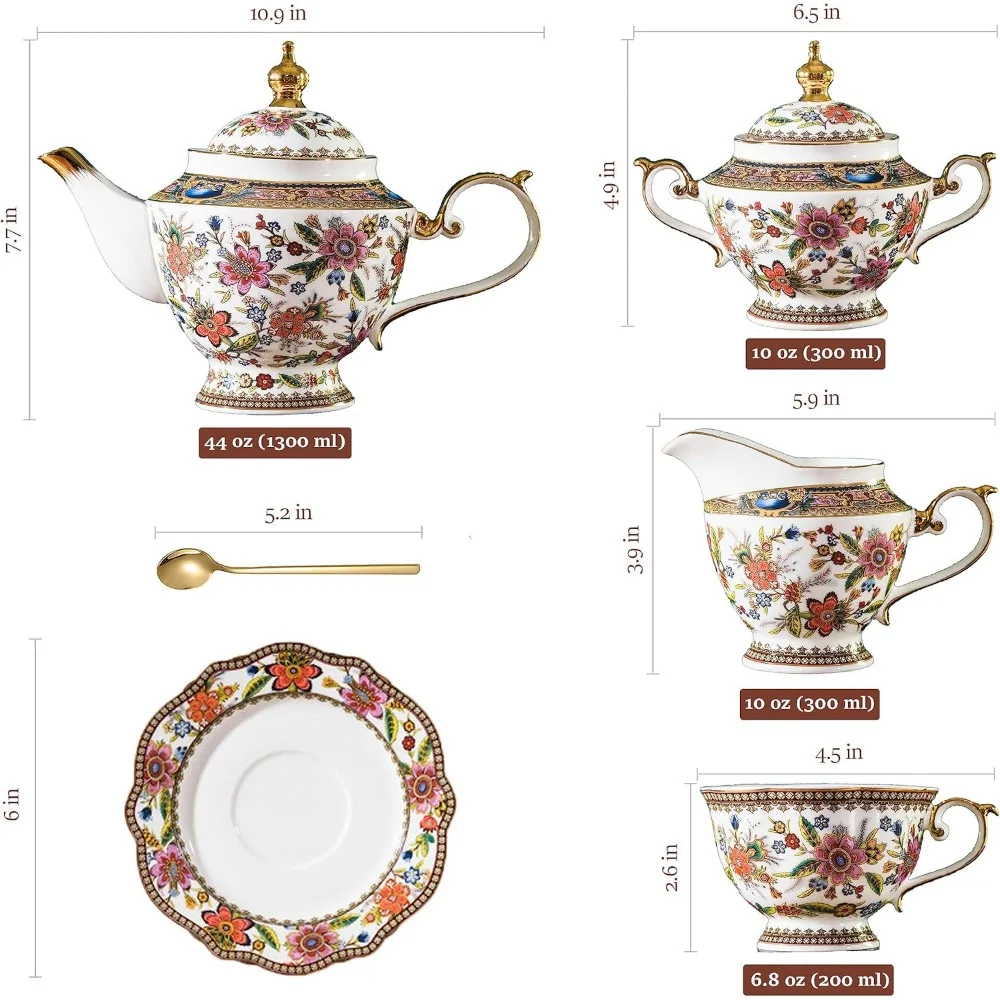 Adults' Blue and White Bone China Tea Set for 6, Vintage Floral English Style with Tea Pot and Cups