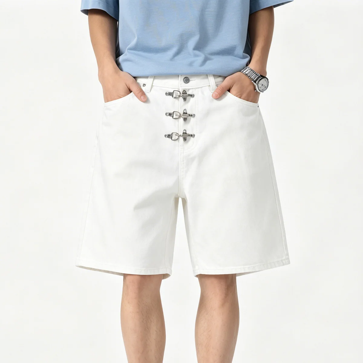 Metal Buckle Short Baggy Jeans - Jeans Pants Fashion Men บทวิจารณ์และราคา