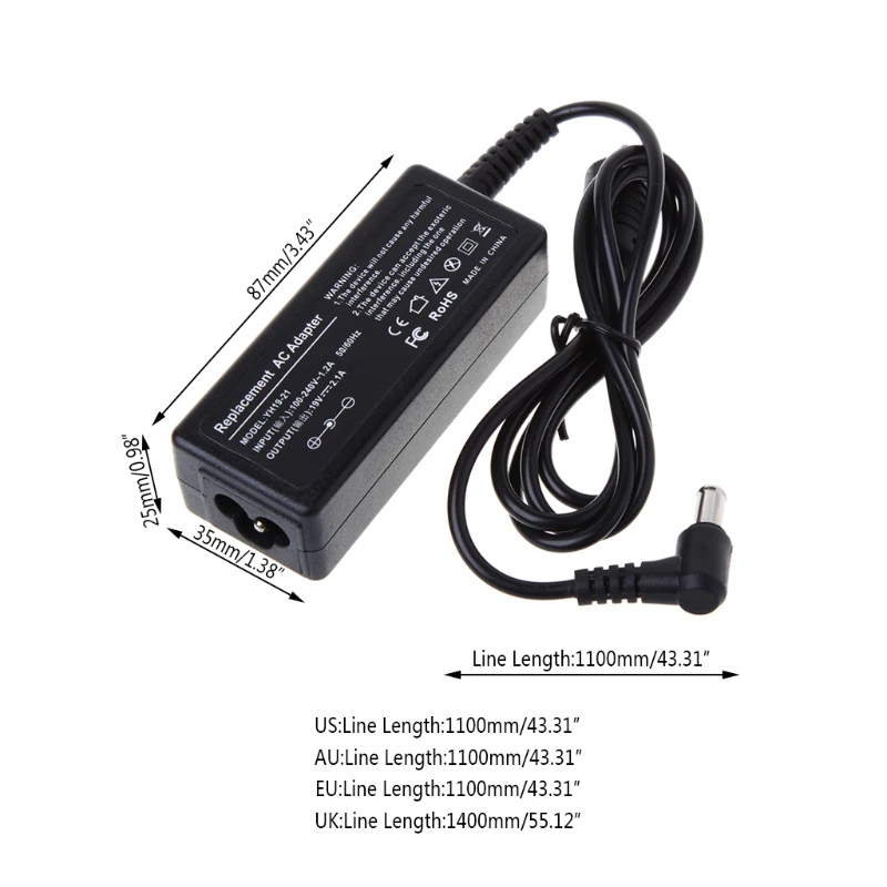 EU/AU/US/UK Plug AC DC Power Supply Charger Adapter Cord Converter 19V 2.1A for Monitor Device Display Audio Amplifiers