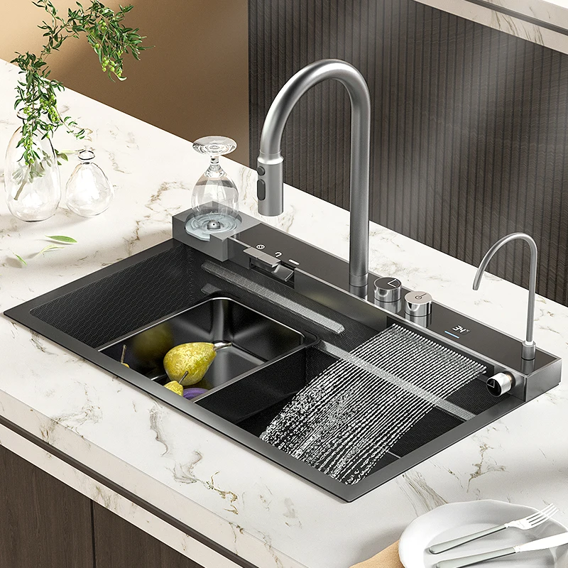 

Kitchen Sink with Waterfall Faucet 304 Stainless Steel Large Single Slot Bionic Honeycomb Black Wash Basin Topmount Apron Front