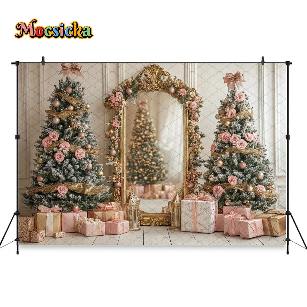 Mocsicka Золотая Рождественская фоторамка фон для фотосъемки рождественская елка подарок розовый цветок бант фон зимняя детская фотостудия для девочек