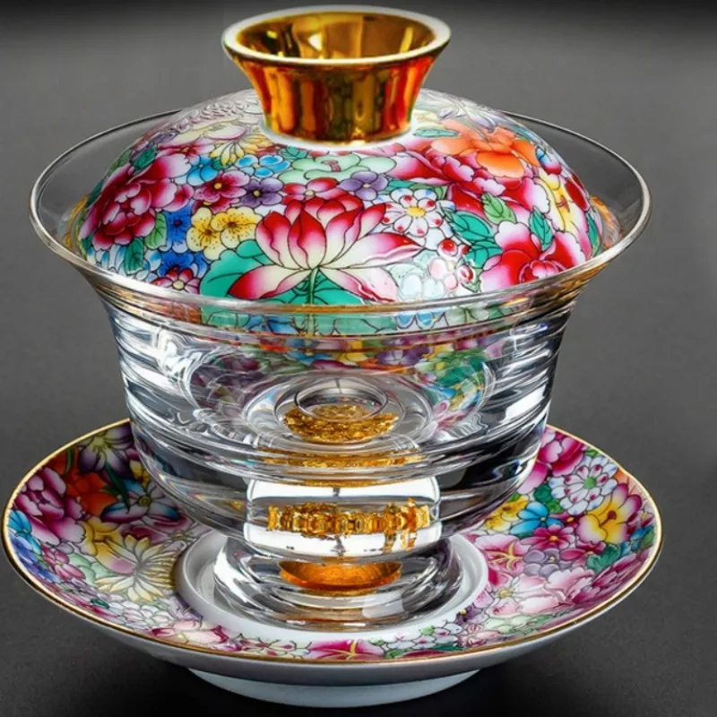 Ceramic Tibetan Gold Crystal Chinese Style Sancai Glass Cover Bowl Enamel Large -sized Hot Hand Gaiwan for Tea Teaware Kitchen