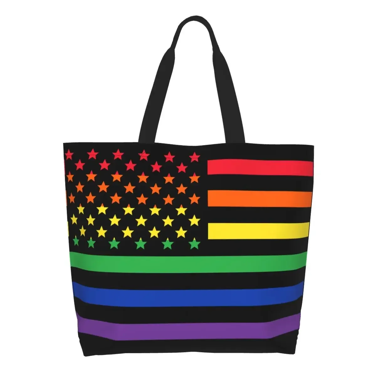 Custom Rainbow America Flag LGBT Gay Pride Canvas Shopping Bag Women Washable Big Capacity Grocery Shopper Tote Bags