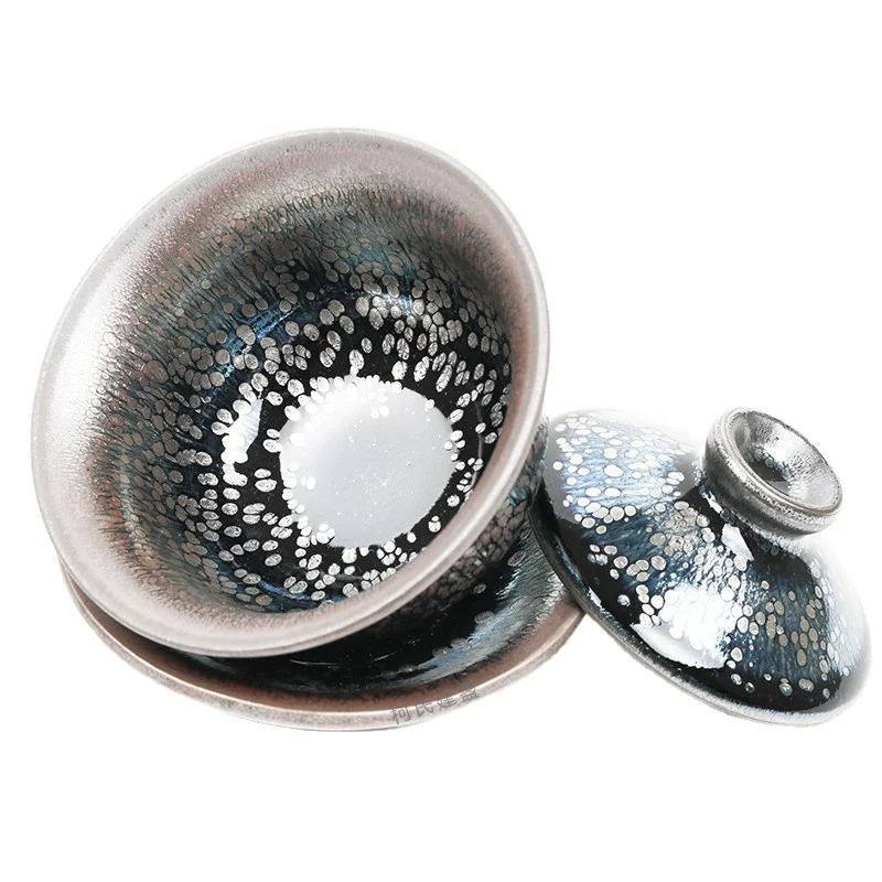 Jianzhan-Iron Body Kung Fu Tea Set, Oil Drop Sancai Cover Bowl, Mineral Glaze, Tianmu Tea Cup, New Product