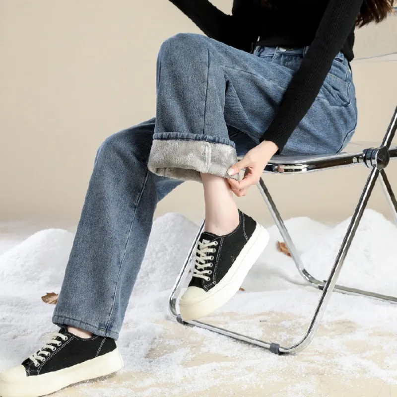 2023 New Winter Thick Plush Lining Wide Leg Jeans Women's High Waist Warm Snow Fit Straight Loose Fit Women's Jeans