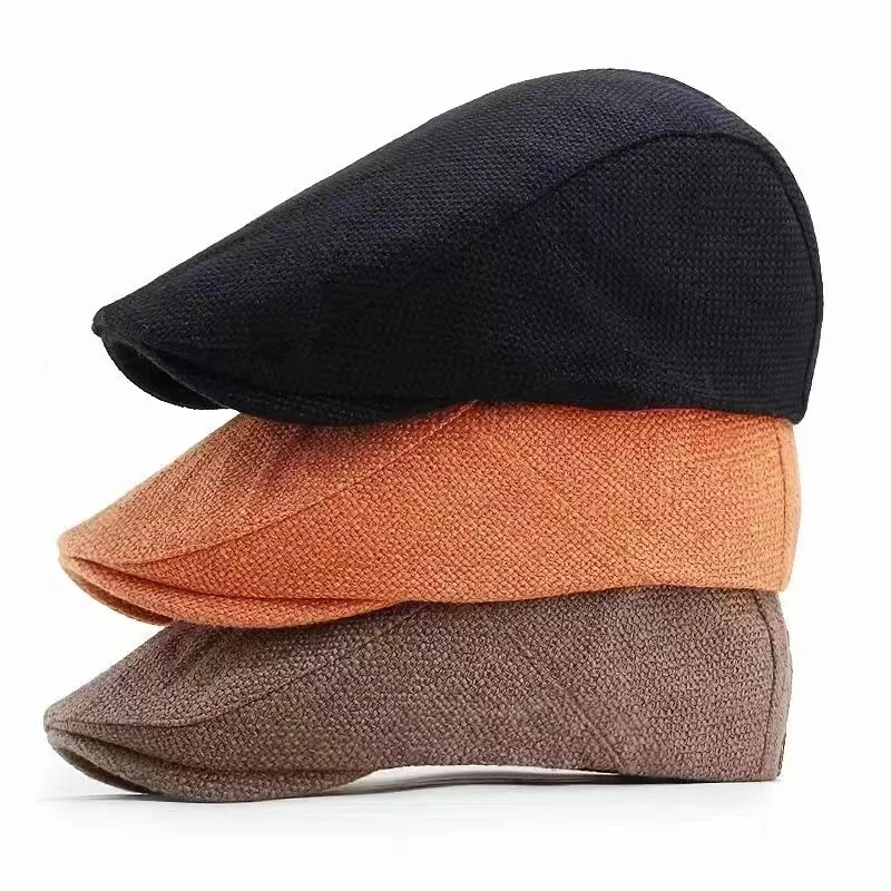 Summer Mens Beret Linen Peaked Cap Adjustable Newsboy Cap Breathable Vintage Solid Black Ivy Duckbill Hat Boinas Para Mujer