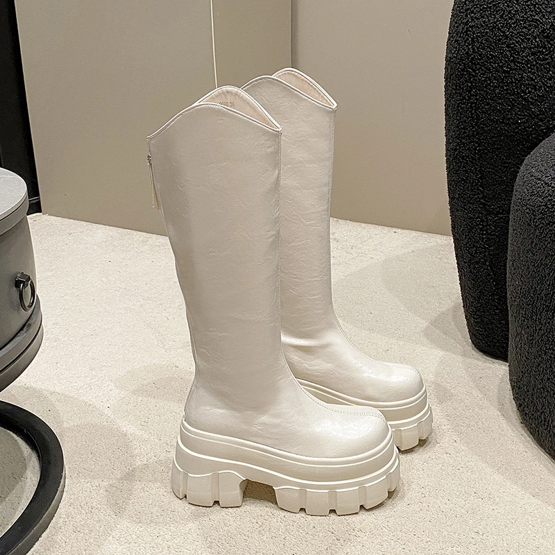 New Winter Knee High Boots Women Chunky Leather Long Boots 9CM High Heels Warm Fur Punk Shoes Platform Motorcycle Booties Woman