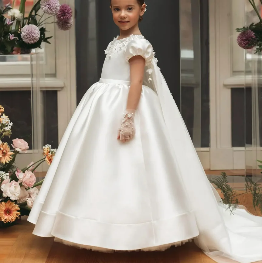 Luxury White Satin Arabic Wedding Girls Dress Beaded Pearls Satin Princess Kids Birthday Party Long Gown First Communion Dress