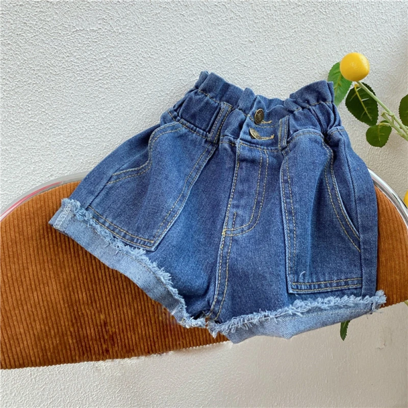 2-8Y Summer Girls Fashioin Jeans Denim Shorts New Kids Girls High-Waisted Shorts Children Wide Leg Flower Bud Denim Casual Short