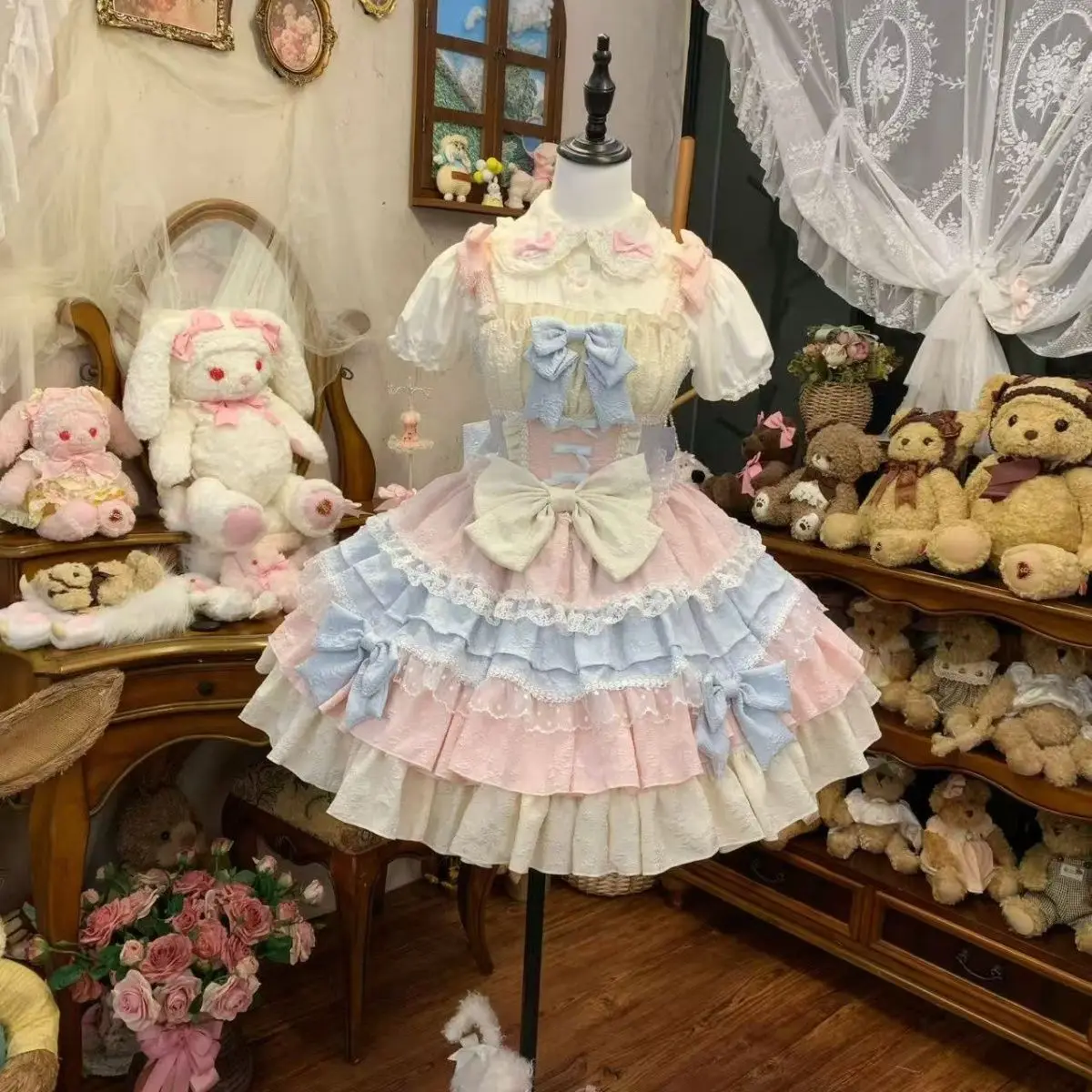 여성용 리본 스트랩 드레스 반바지 세트 로리타 스위트 블라우스 드레스 카와이 Y2K 의상 2026 코스프레 일본 2피스 드레스 세트