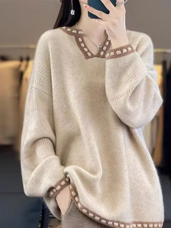 

Outlets Thiened Camere Sweater V-Ne Spliced Knitted Loose Sweater Women Autumn Winter Faion Comfortable Warm Knitwear