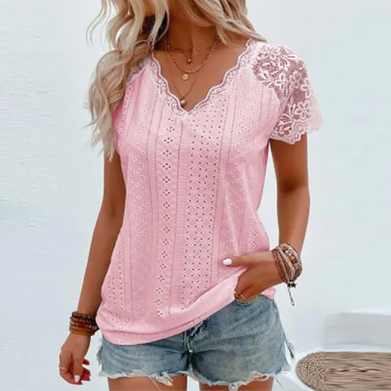 Women Summer Fashion V Neck Lace Shirt Women Short Sleeve T-Shirts Loose Tee Tops Casual White Shirt For Women