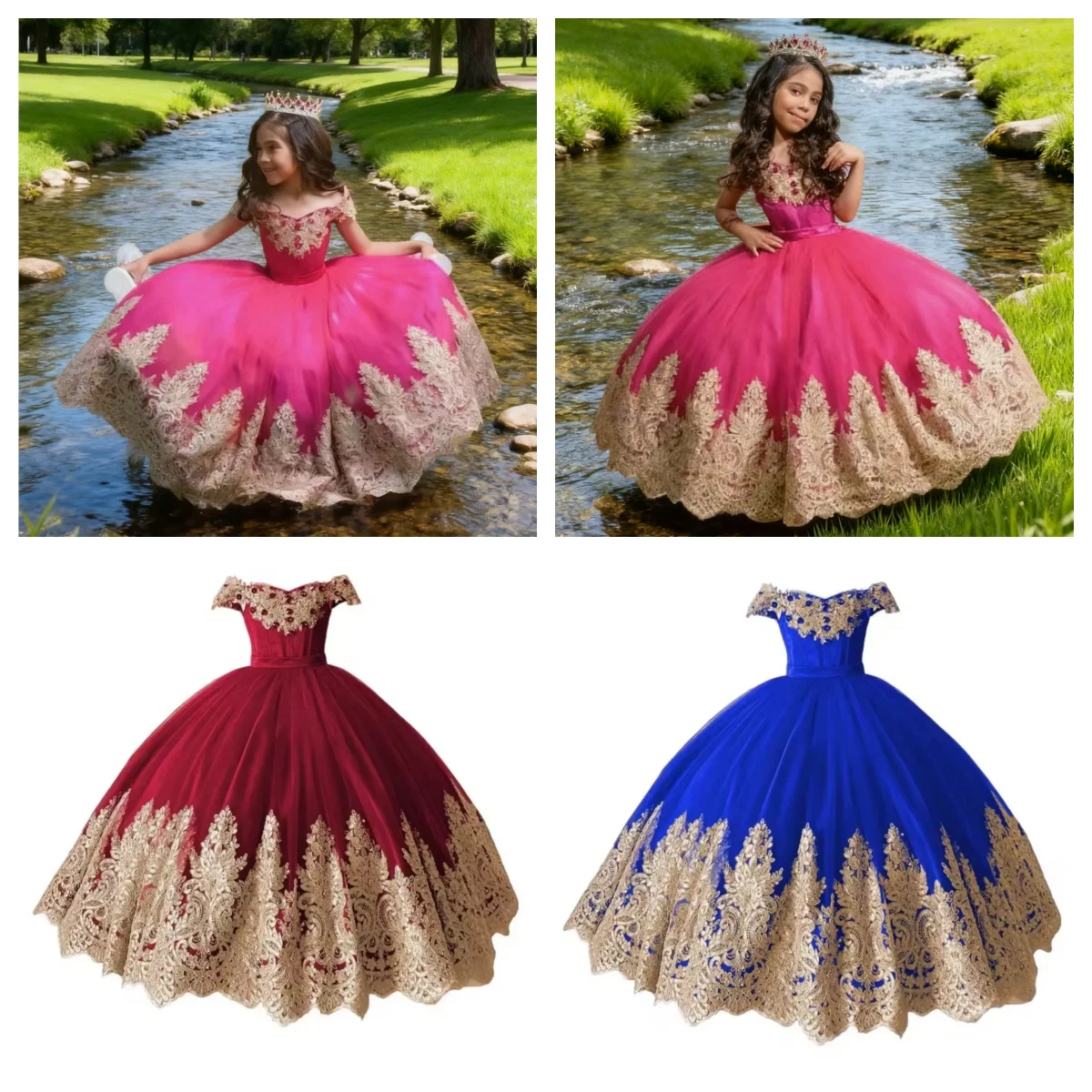 Vestido de niña de flores con hombros descubiertos y lazo lujoso bordado dorado rojo rosa para niños fiestas de cumpleaños bodas Banqu