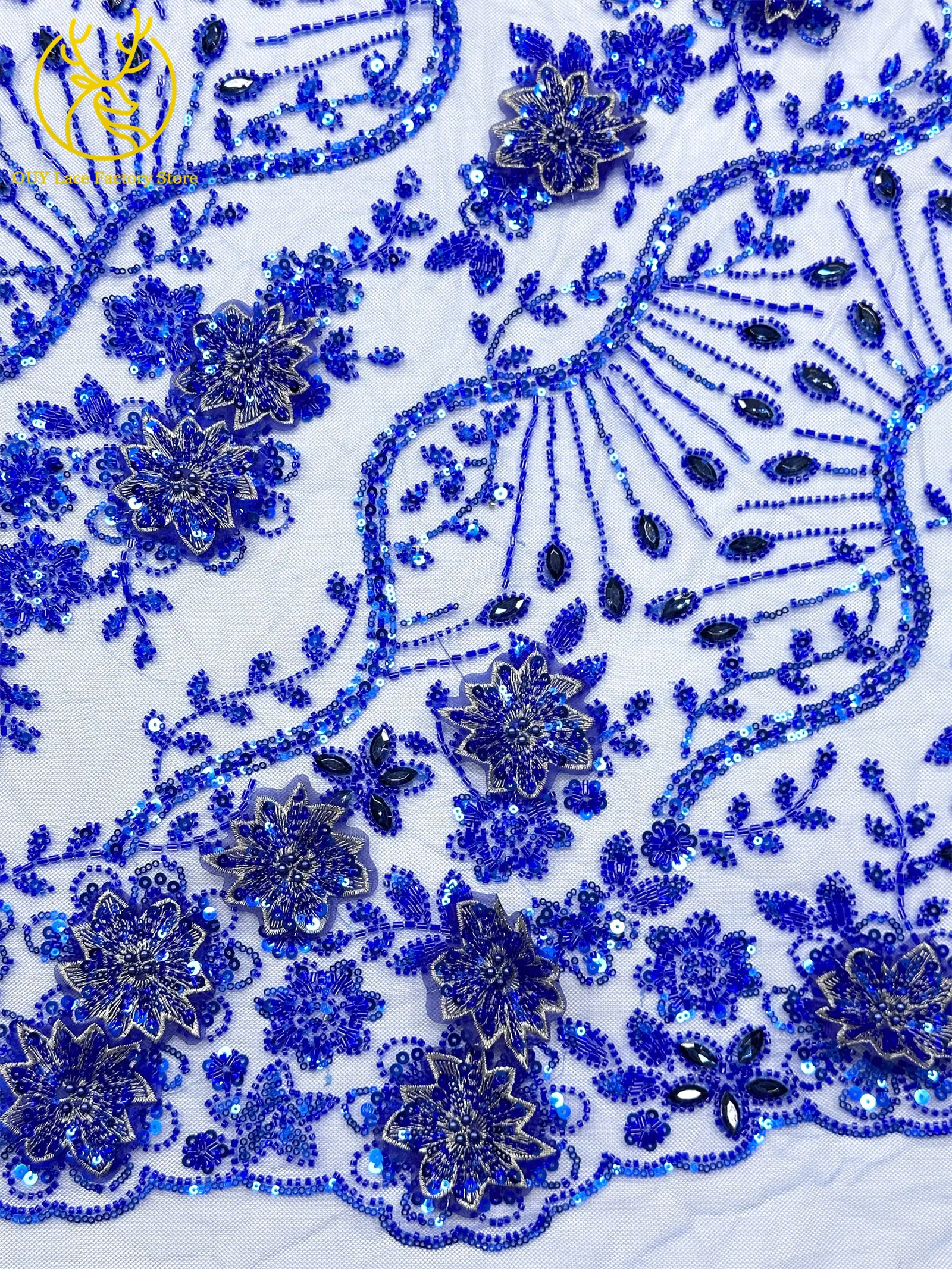 Luxuriöser königsblauer Hochzeits-Spitzenstoff, afrikanischer Perlen-Pailletten-Spitzenstoff, nigerianischer bestickter Mesh-Spitzenstoff für Hochzeitskleider – Detail 8