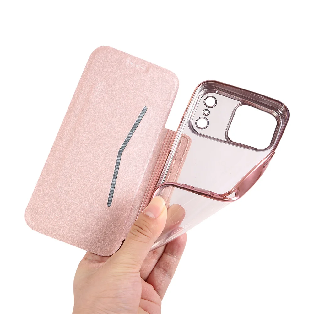 Luxuriöse transparente Flip-Lederhülle mit Kartenfächern für iPhone 18 16 17 Pro Max 14 15 13 12, plattierte weiche Silikonhülle – Detail 4