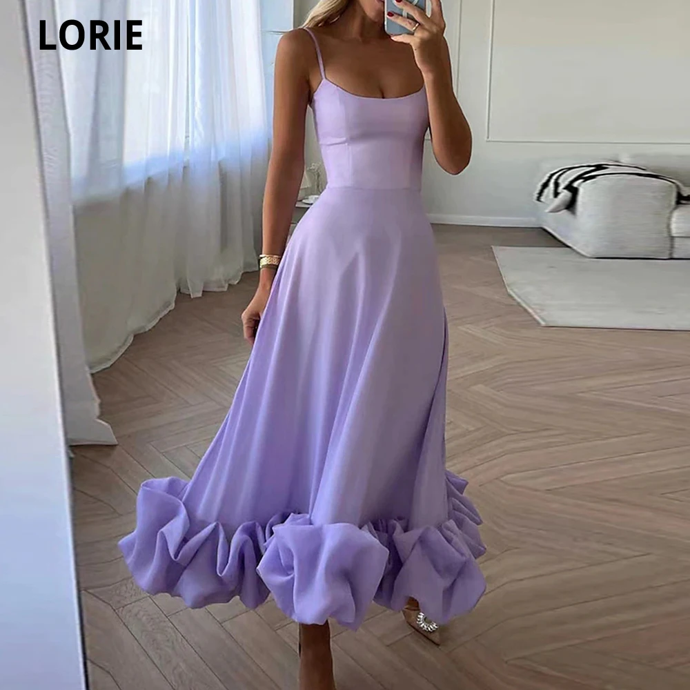 

LORIE Dubai Evening Dresses Spaghetti Straps Taffeat A-line Prom Gowns With Ruffles Lilac Ankle Length Celebrity Party Dresses