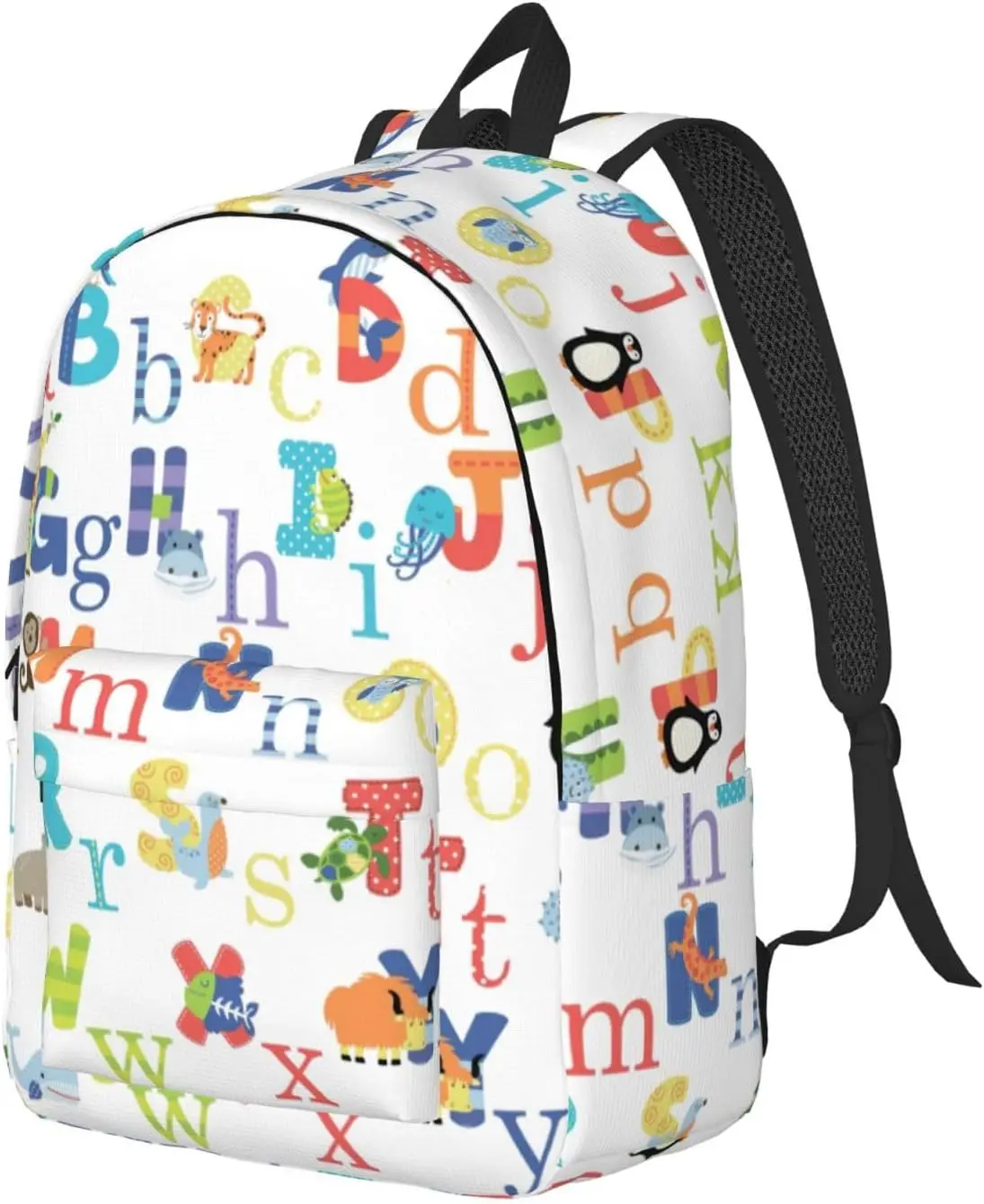 Mochila de lona con estampado de alfabeto animal colorido, moderna e informal, apta para uso diario y actividades al aire libre