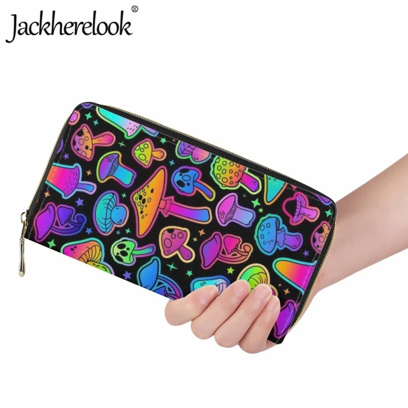 Jackherelook Fashion Psychedelic Mushroom Pattern Print Wallet Women's Trend Leather Purse Casual Travel Long Wallet Card Holder