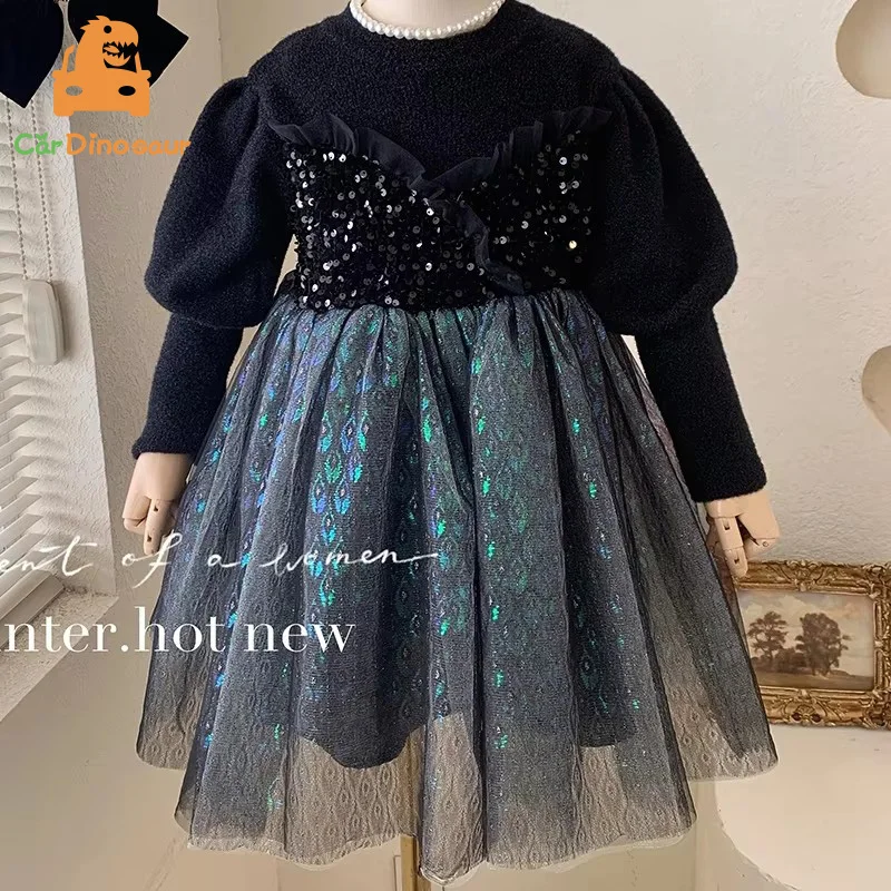 

Осень-зима 2, 3, 4, 6, 8, 10 лет, подарок на день рождения, бархатное блестящее кружевное вязаное лоскутное черное платье для детей и девочек