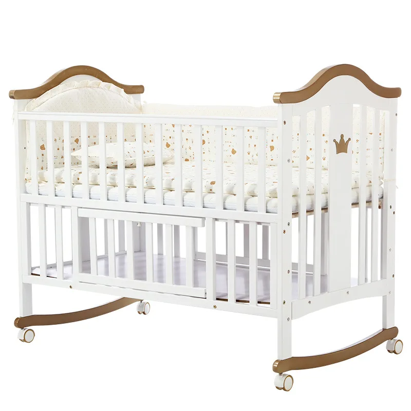 Crib solid wood European baby rocker with roller multi-functional pine plus game bb White bed Wholesale