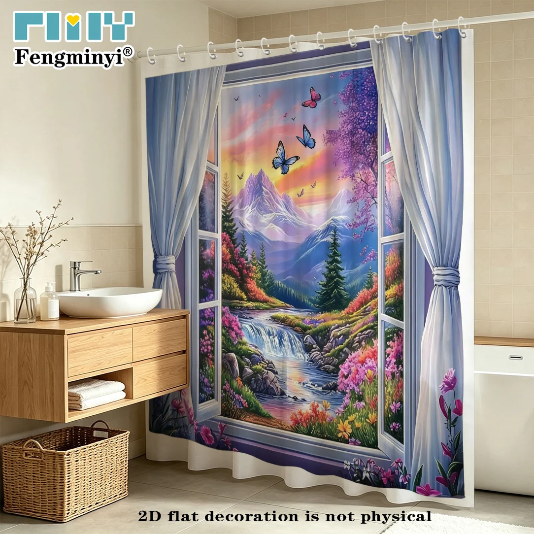 2D Flat, 2D Flat, 2D Flat Shower Curtain 1pc, Mountain Water Colorful Butterflies Shower Curtain, Depicting Playful Mountain Wat