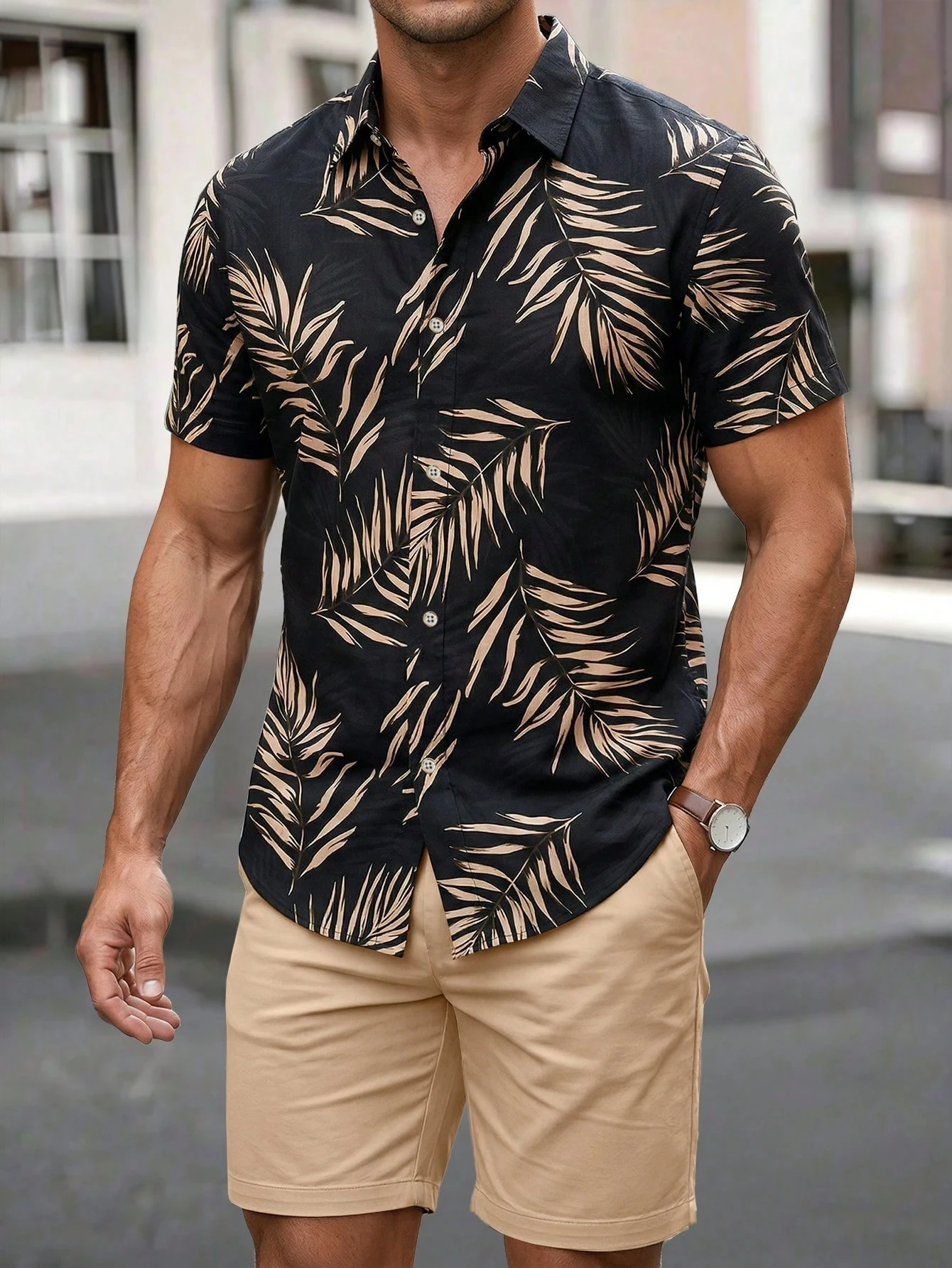 2026 Men's Shirt and Shorts Set with 3D Leaf Print Men's Short-Sleeve Casual Beach Shorts Two-Piece