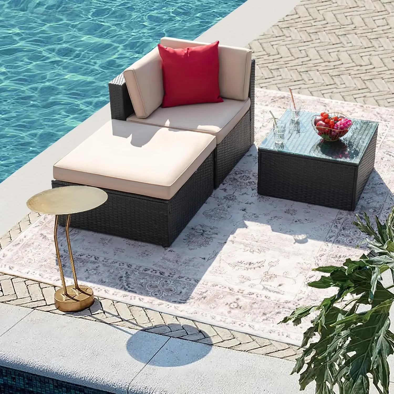 Patio Furniture Set 3 Pieces Outdoor Conversation Sofa and Ottoman Rattan Outdoor Sectional Sofa Couch with Glass Table for Balc