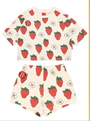 Summer Strawberry Set Girl's Strawberry Print Shirt+Shorts Two Piece Set Cotton Suit