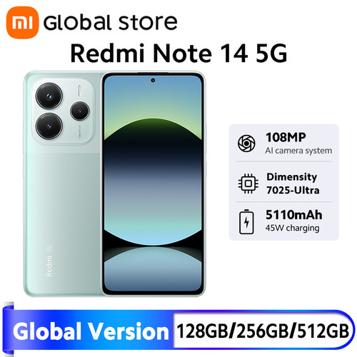 New Xiaomi Redmi Note 14 5G Smartphone Global Version 45W Turbo Charging MTK Dimensity 7025-Ultra CPU NFC 108MP Camera - View 1 New Xiaomi Redmi Note 14 5G Smartphone Global Version 45W Turbo Charging MTK Dimensity 7025-Ultra CPU NFC 108MP Camera - View 1