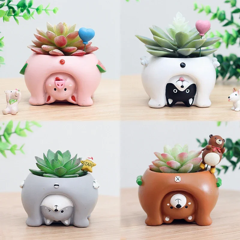 Upside Down Cartoon Animal Planter, Decorative Mini Flower Pot for Succulents Cactus Plants, Home Garden Tabletop Decoration