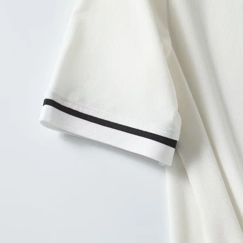 Maxdutti Fashion Contrast Round Neck Cotton T-shirt For Summer Nordic Minimalism Short Sleeved Tshirts Women Tops