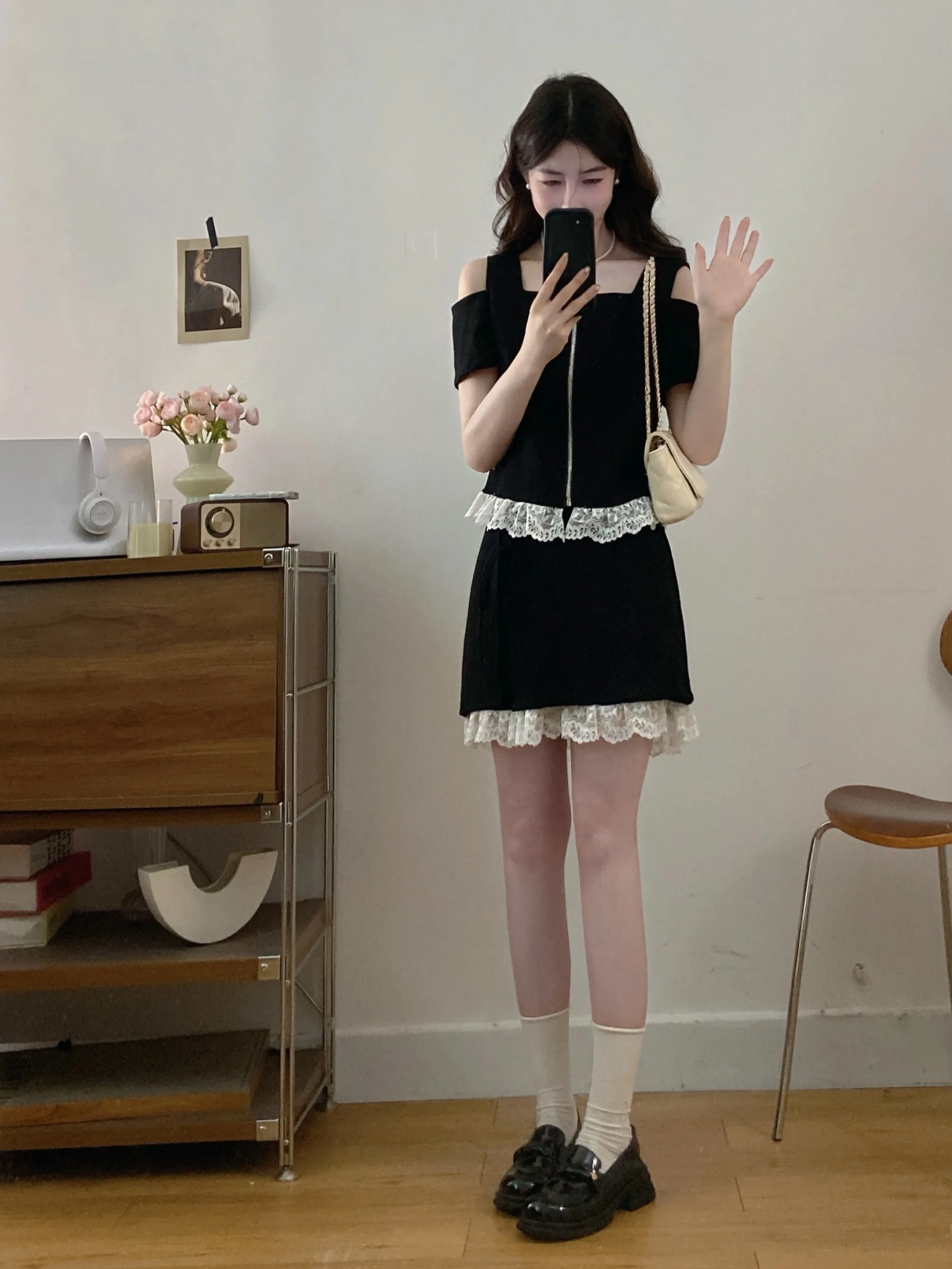 

plus Size Summer New Style Shoulder Bared Slimming Lace Zipper Top And Belted Skirt Two Piece Set Women's Fashion Casual...