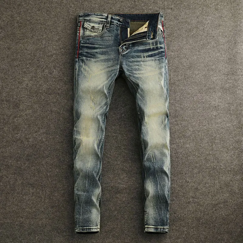 

Fashion Designer Men Jeans High Quality Retro Washed Blue Stretch Slim Fit Ripped Jeans Men Straight Vintage Denim Pants Hombre