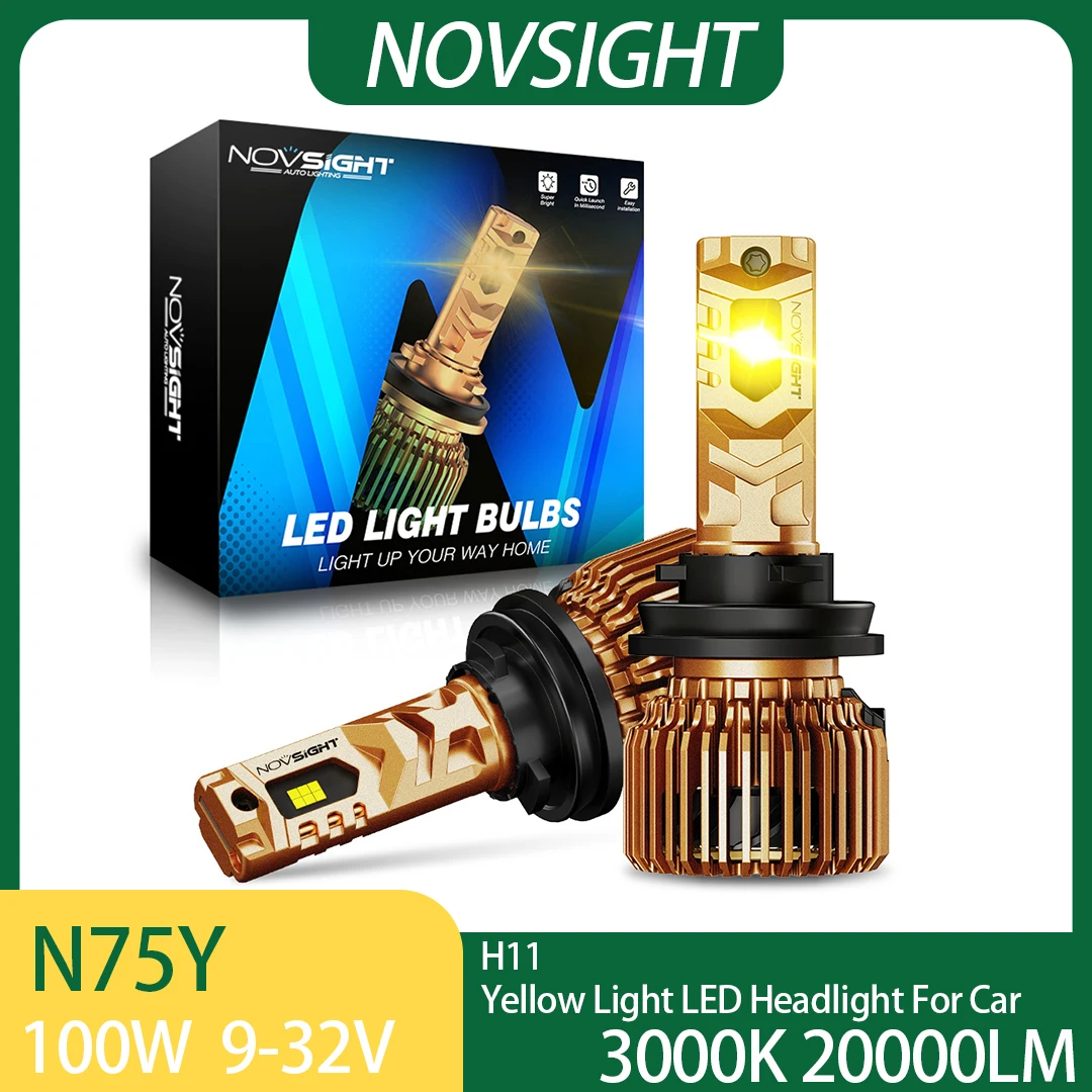 NOVSIGHT N75Y Yellow Light 3000K H11 LED Headlight For Car LED Light 100W 20000LM LED Auto Headlamp High Brightness Bulbs