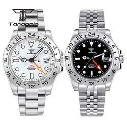 Tandorio Stainless Steel 39mm NH34A GMT Function Dress Automatic Wristwatch for Men Sapphire Glass Black Dial Date Screw Crown