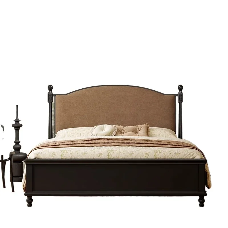 

French retro bed, double bed master bedroom, American solid wood bed, soft bag black, modern simplicity