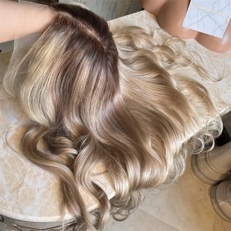 

13x4 Ombre Brown Blonde Balayage Synthetic HD Transparent Lace Front Wig Natural Fluffy Body Wave Wig High Density Women's Wig